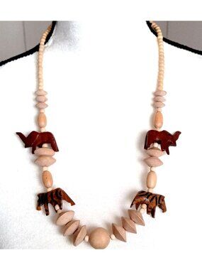 African Animal Figural Necklace Safari Style Tribal Elephant Zebra Carved Wood